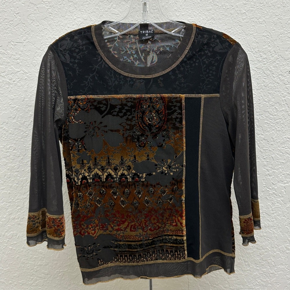 Tribal Womens Mesh Top M Grey Velvet Burnout Floral Paisley Patchwork Blouse